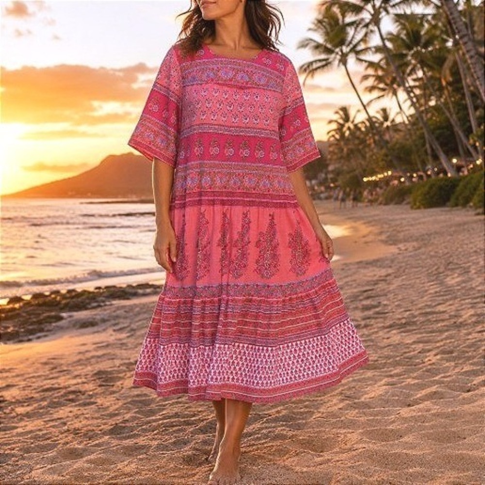 La Cera Pink Floral Paisley Tropical Oversize Lagenlook Muumuu Maxi Dress L
